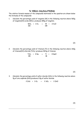 Worksheets Percent Yield Calculations Worksheet percentage yield calculations by chemschooltv teaching resources tes