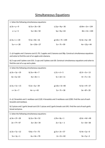 Worksheets Simultaneous Equations Worksheet linear simultaneous equations gcse mathematics 9 1 by weteachmaths teaching resources tes