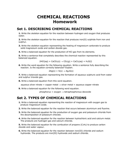 Worksheets Writing Skeleton Equations Worksheet With Answers chemical reactions entire unit homework with answers editable multiple choice exam chemistry by sciencecorner teaching resource