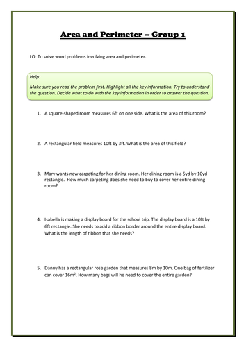 Worksheets Area Word Problems Worksheets area and perimeter differentiated word problems by oogiemac teaching resources tes