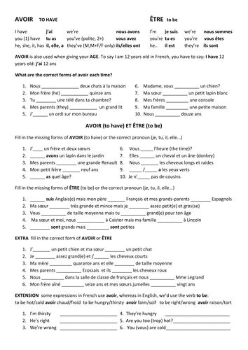 Worksheets French Worksheets french verbs avoir and aatre worksheet by anyholland teaching resources tes