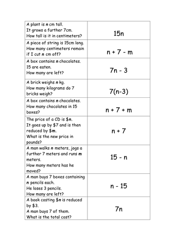 Worksheets Translate Algebraic Expressions Worksheet algebraic expressions match up activity by kkimirwin teaching resources tes