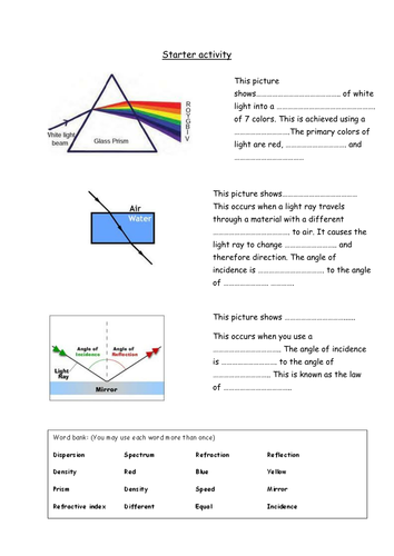 Worksheet Refraction Worksheet Ks3 dispersion refraction and reflection starter by zuba102 teaching resources tes