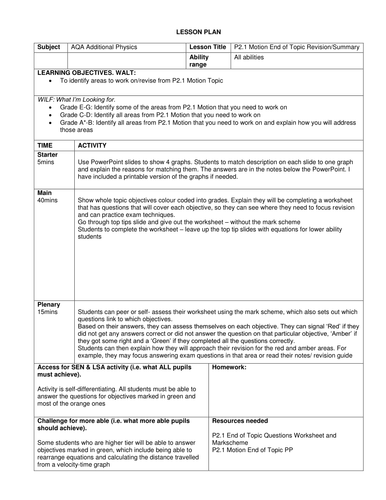 GCSE P2.1 Motion End of Topic Summary/Revision | Teaching Resources