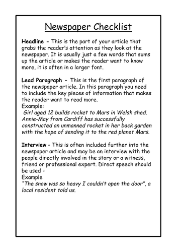 Newspaper report planning uks2 picture