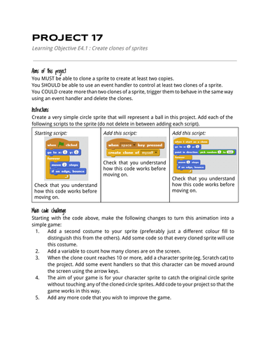 Code Lesson E4-1 Cloning Sprites in Scratch | Teaching Resources