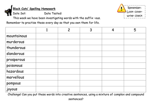 SpaG Year 3 and 4 Spellings: The suffix -ous (with no root change) by