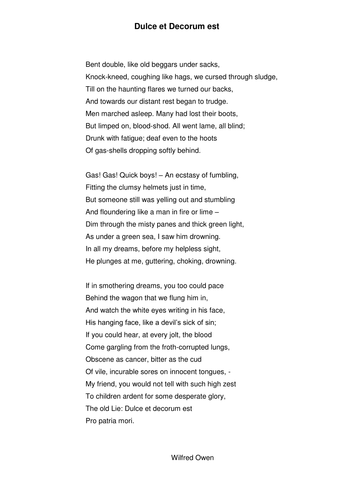 'Dulce Et Decorum Est' by Wilfred Owen | Teaching Resources