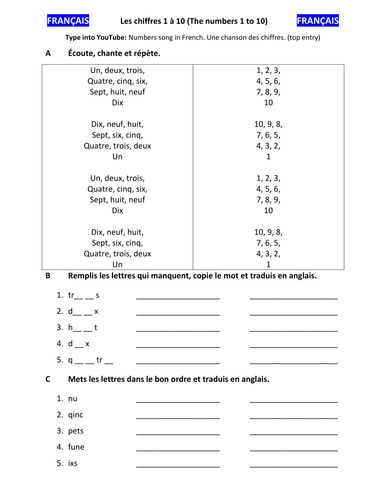 French lesson - Numbers 1-10