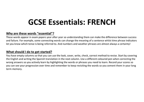 French GCSE Essentials Booklet