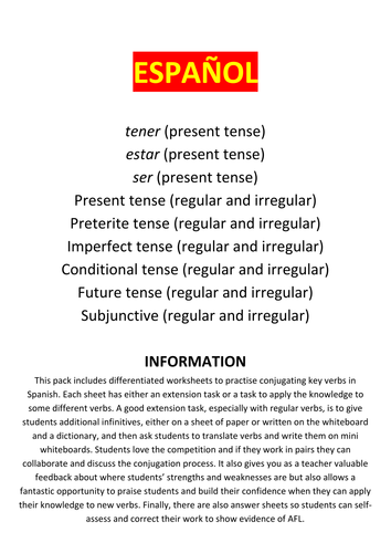 Spanish Verbs Worksheets I