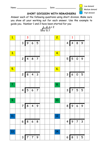 short division homework year 3