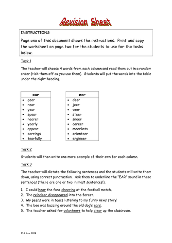 Vowel Digraphs:  Set 10 EAR sound