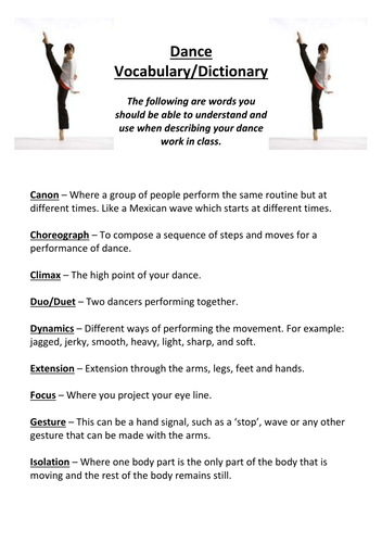ks3ks4 dance vocabdictionary teaching resources