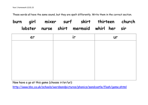 ur/er/ir word sort by starlight189 - Teaching Resources - TES