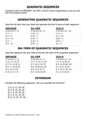 Printables Sequences Worksheet quadratic sequences worksheet davezan nth term by cherrythunder teaching
