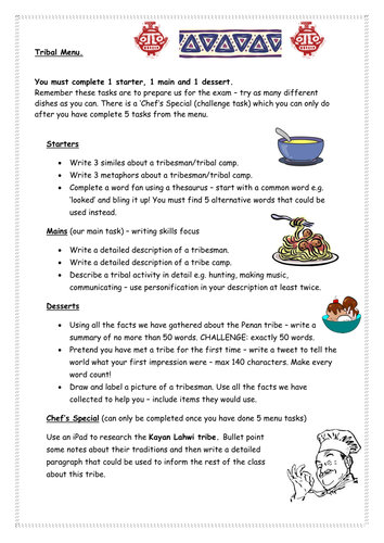 Tribal Menu Lesson (Writing focus) G&T challenge task offered ...
