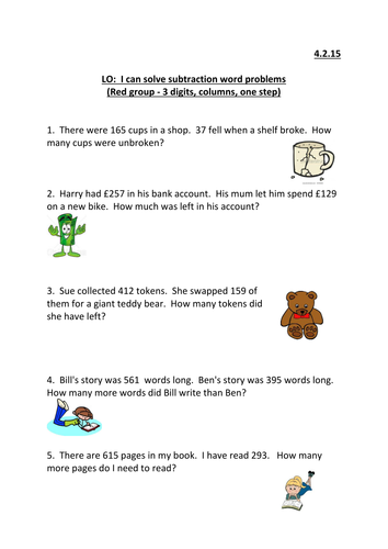 column subtraction word problems ks2 teaching resources