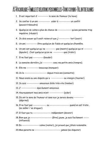 AS French Vocabulary - Gap fill Bons copains - Famille et relations ...