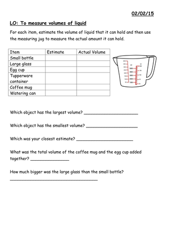 Year 3 Measuring capacity of liquids worksheet by moiller - Teaching