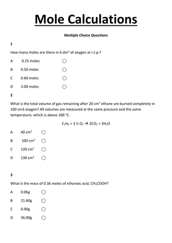 questions test chemistry moles with Mole Answers Teaching   by jamsem MCQs Calculations Resources