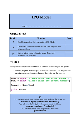 Programming Lesson 03 - IPO Model | Teaching Resources