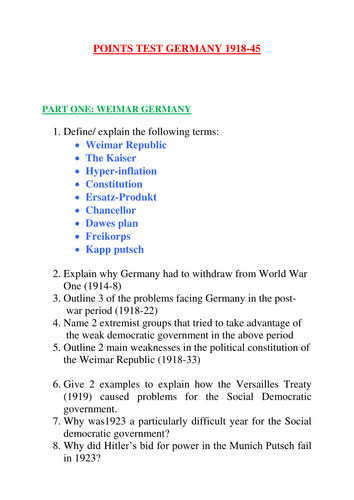 GCSE Modern World History History Germany Quiz