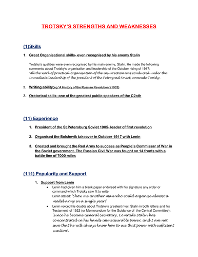 Stalin's Rise to Power Info/ essay plan A Level