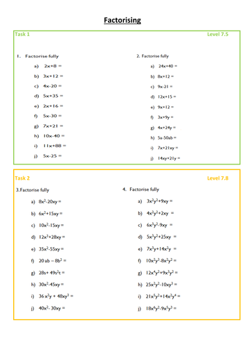 Factorising worksheet - Differentiated, levelled and with answers on