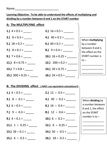 Multiplying And Dividing By A Number Between 0 And 1 | Teaching Resources