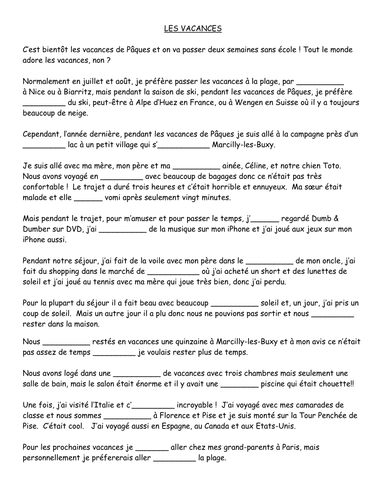 Les vacances reading exercises | Teaching Resources