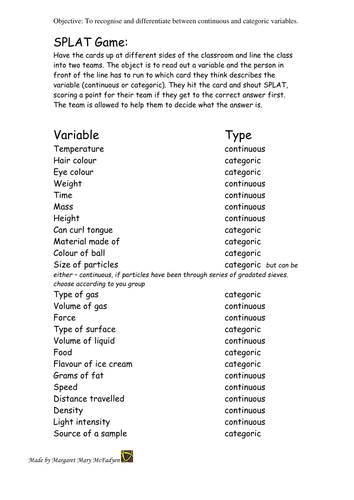 SPLAT Game - Continuous versus Categoric variables