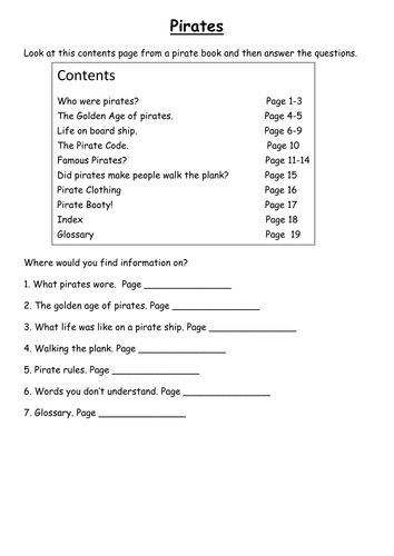 Pirate contents, glossary & index worksheets by clara5 - Teaching