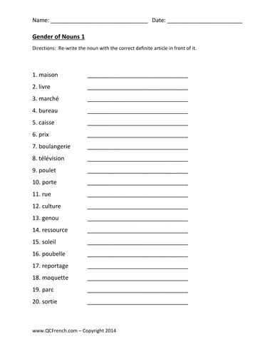 great activity sheet to practise gender of nouns in french teaching