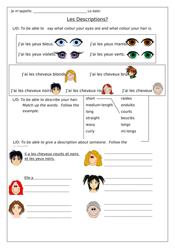 French - Facial Features - Worksheets | Teaching Resources