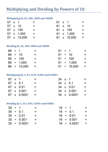 Multiplying And Dividing By Powers Of 10 Worksheets