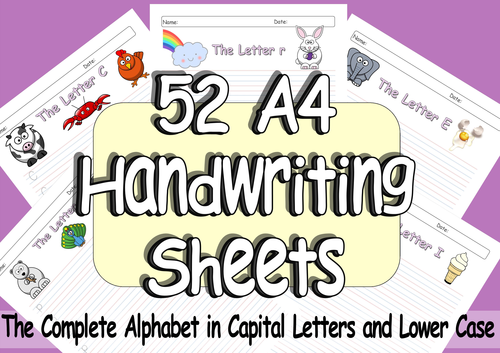 52 Pages of  EYFS or KS1 Handwriting Practice A4 Sheets of the Complete Alphabet from A-Z
