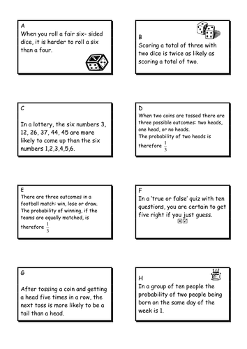 Probability at KS3 or Foundation Tier GCSE. Experiment/data cards, true ...