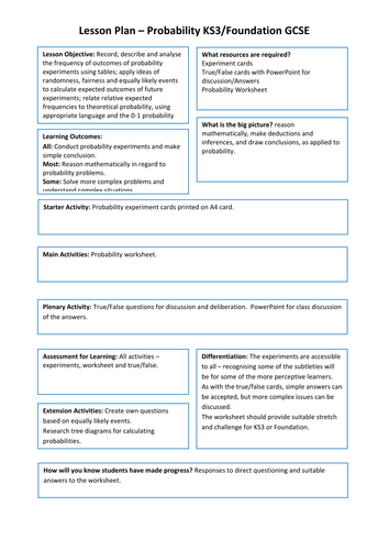 Probability at KS3 or Foundation Tier GCSE. Experiment/data cards, true ...