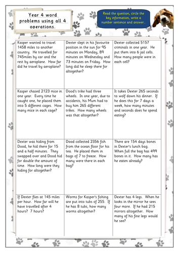 year 45 word problems all 4 operations teaching resources