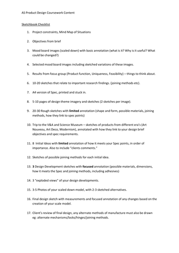 a level product design coursework checklist