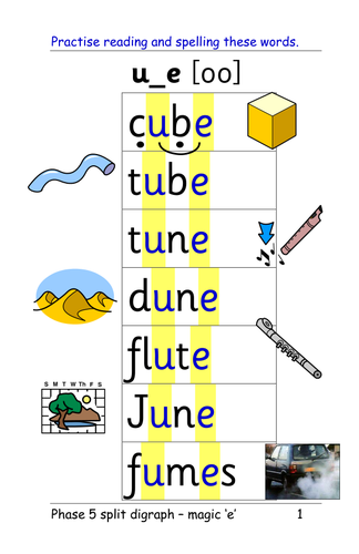 phase 5 u e grapheme magic e split digraph table