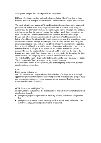 KS3/KS4. Averages of grouped data. Data in class intervals. Practical examples & worksheets. F&H