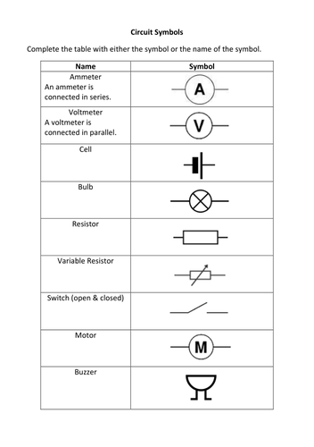 Circuit Symbols Exercise by liamfricker - Teaching  