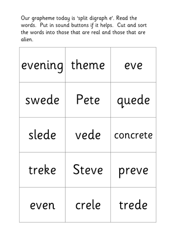 real and alien words split digraph ee sorting by lukeliamlion