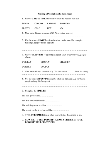 descriptive writing worksheets teaching resources