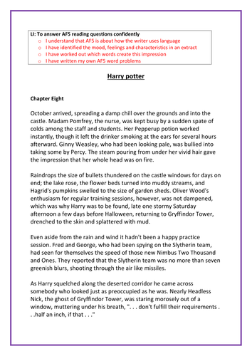 Reading Prehension Activity KS2 Year 6 Harry Potter By