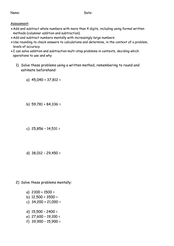 Year 5 Maths Assessment: addition, subtraction, rounding, problem solving