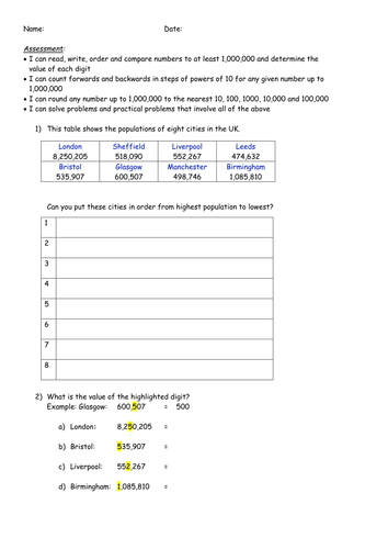 Year 5 Maths Assessment: numbers to 1,000,000, counting, rounding, problem solving and negative no's