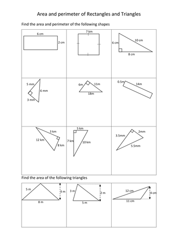 Area And Perimeter Of Rectangles And Triangles Worksheets Teaching Resources